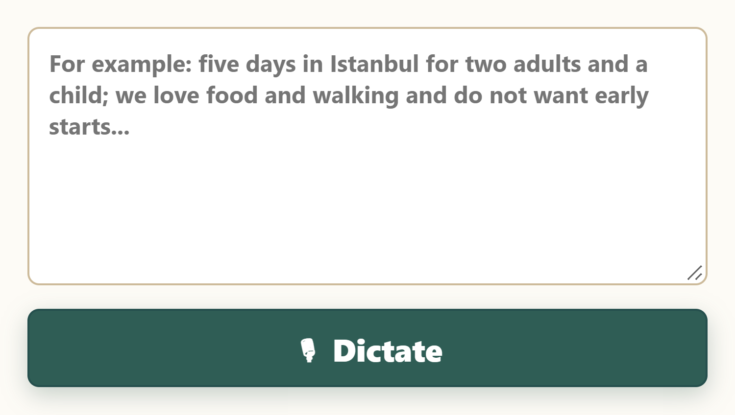 Trip draft screen with a text field and voice input action.