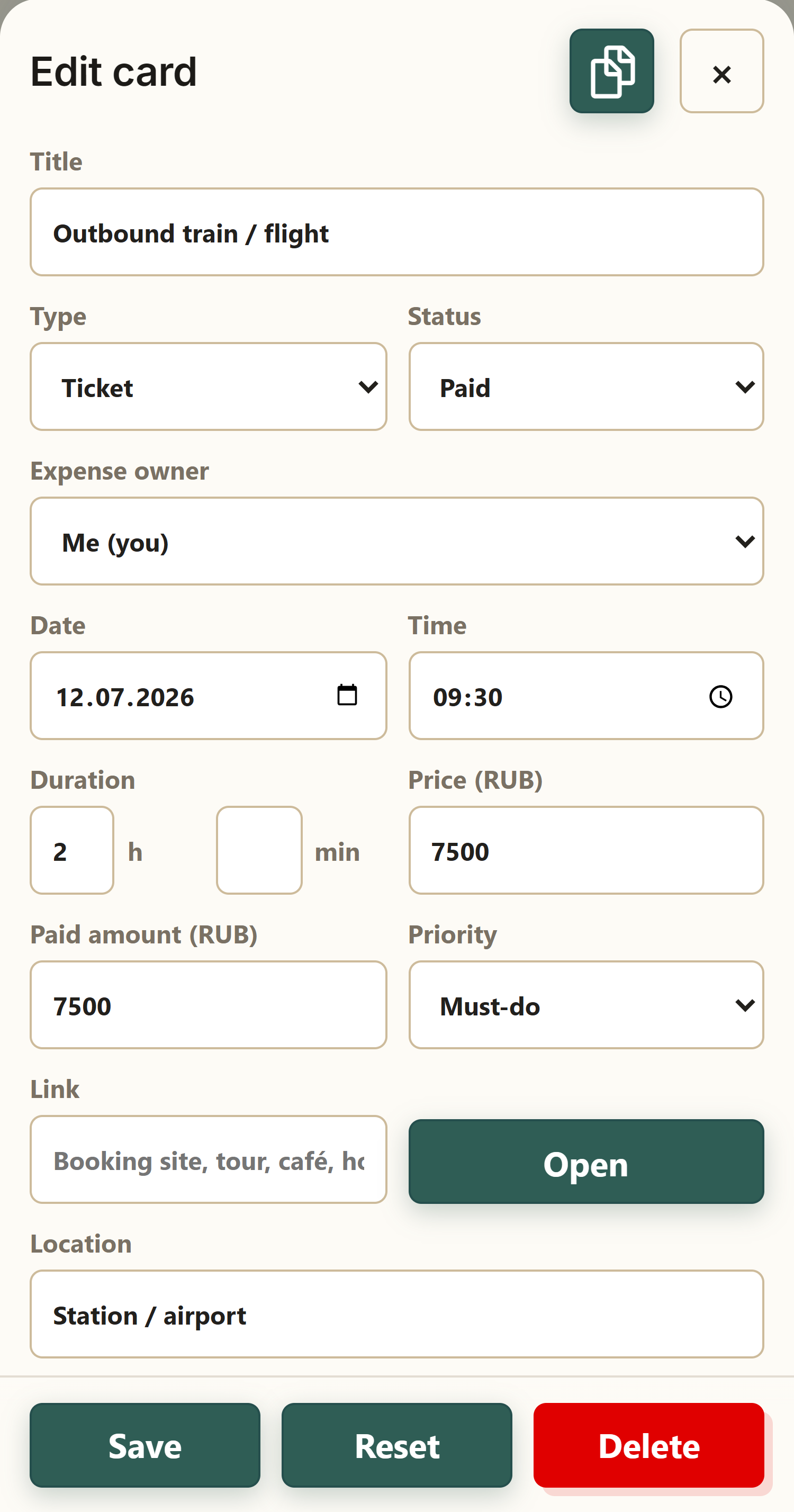 Event card with its details, price, status, booking link and location.