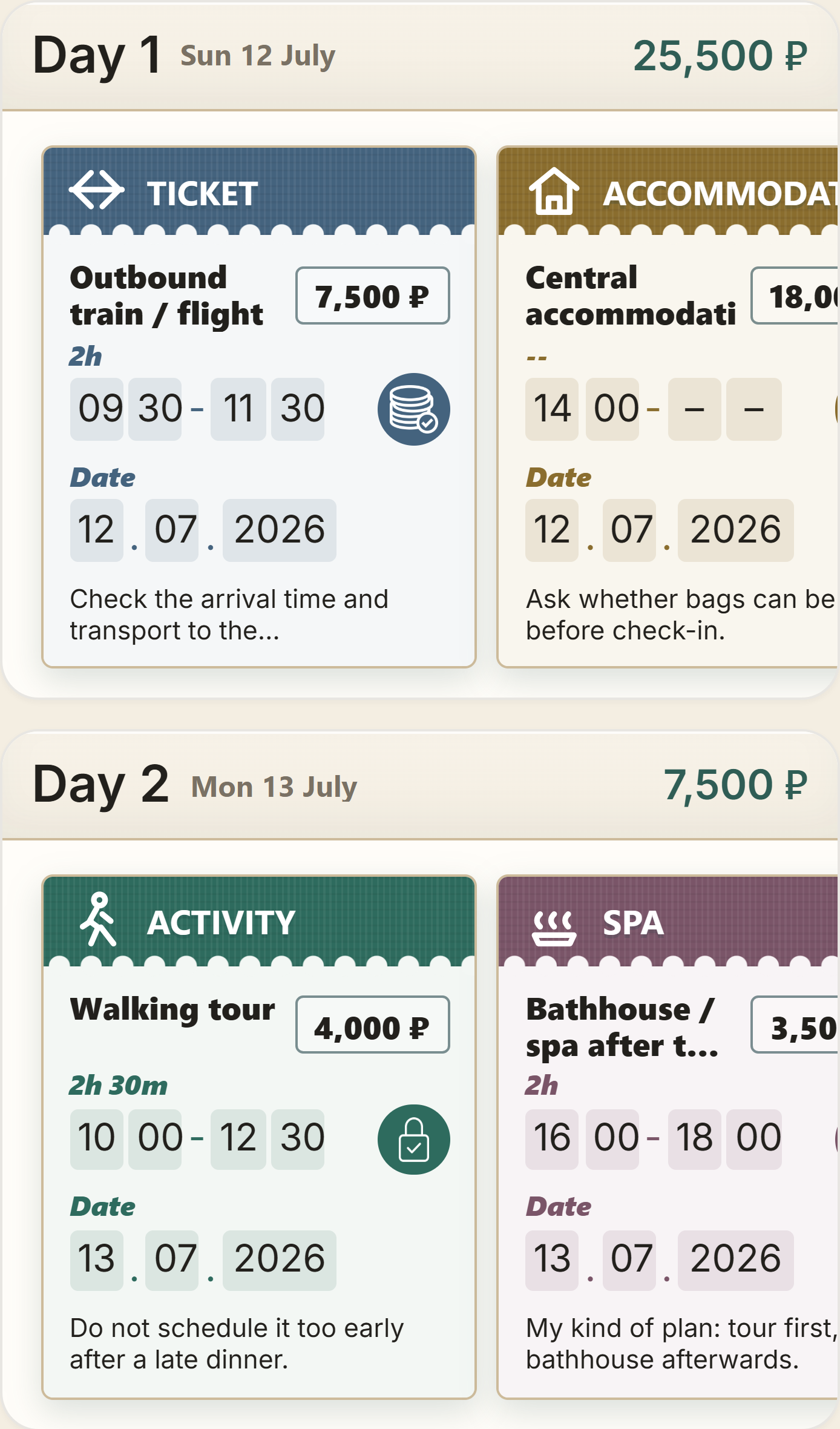 Two days of a trip plan shown as event cards.