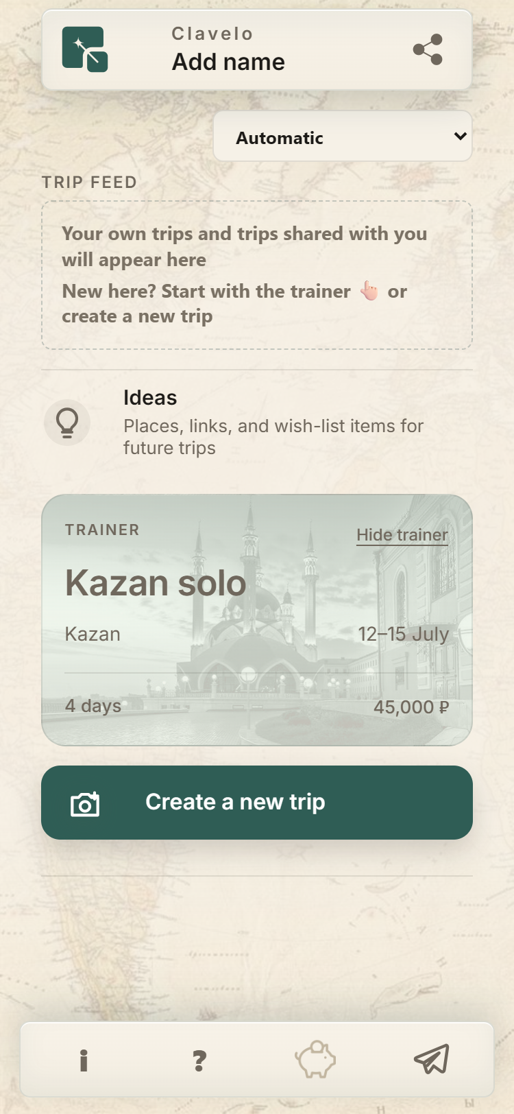 Clavelo home screen with a trip card, dates, total, new-trip action and Ideas.